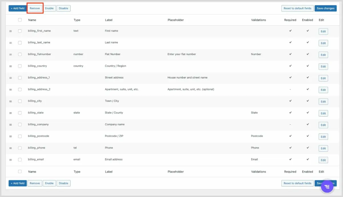 دکمه Remove برای حذف فیلد انتخابشده در فرم پرداخت