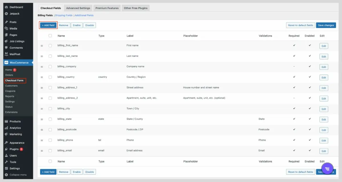 دکمه Add field در تنظیمات افزونه Checkout Field Editor