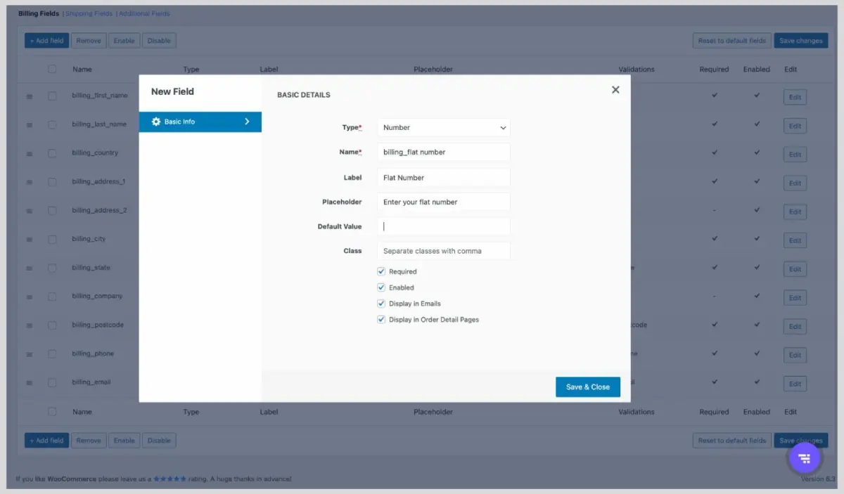پنجره افزودن فیلد جدید در افزونه Checkout Field Editor