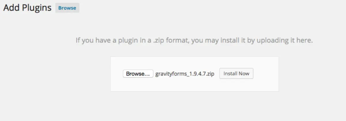 بارگذاری فایل زیپ Gravity Forms در صفحه نصب افزونه وردپرس