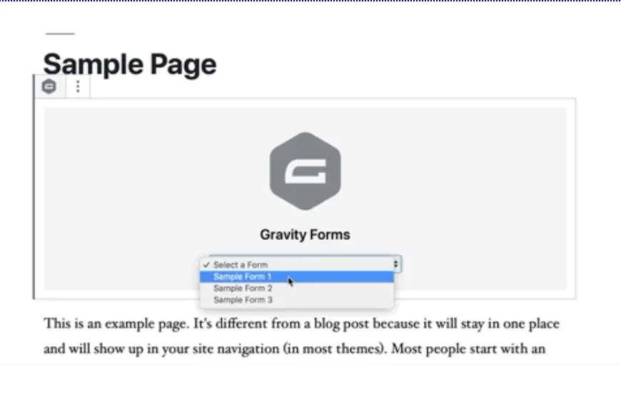 انتخاب فرم Gravity Forms در بلوک فرم وردپرس
