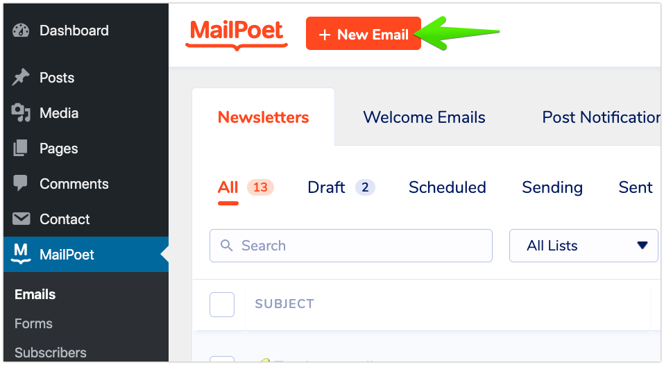 ایجاد ایمیل جدید از بخش Emails در MailPoet