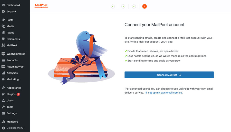 انتخاب اتصال حساب MailPoet یا سرویس ارسال ایمیل دیگر