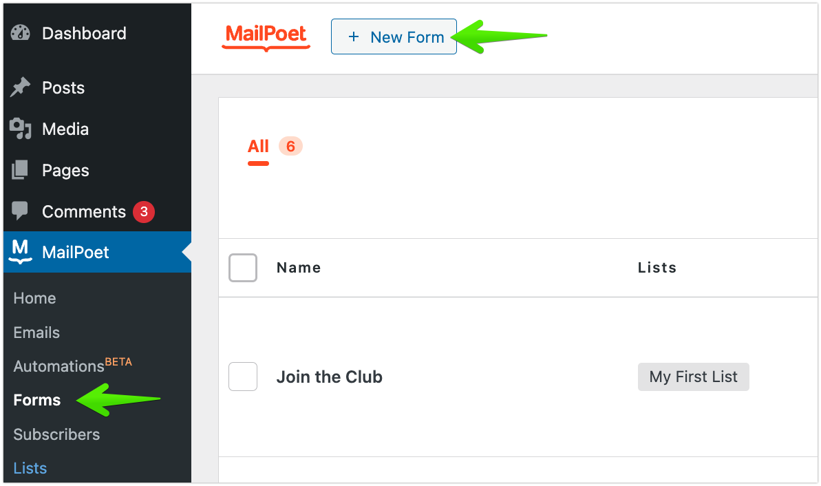 ایجاد فرم عضویت جدید از بخش Forms در MailPoet