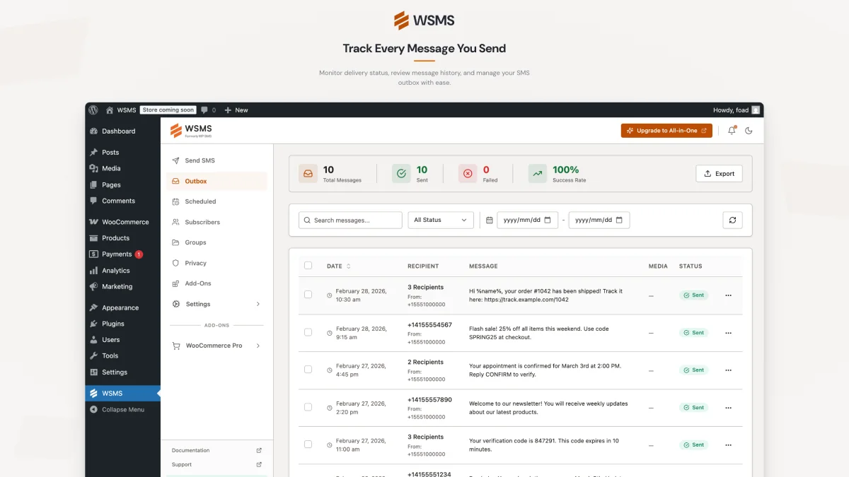 داشبورد گزارش پیامکهای ارسالی در افزونه WSMS