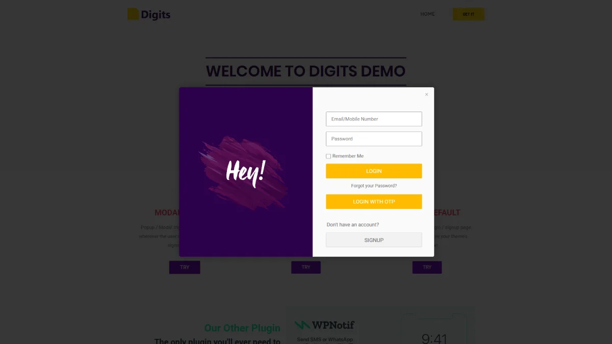 نمونه فرم ورود با کد یکبارمصرف در افزونه Digits