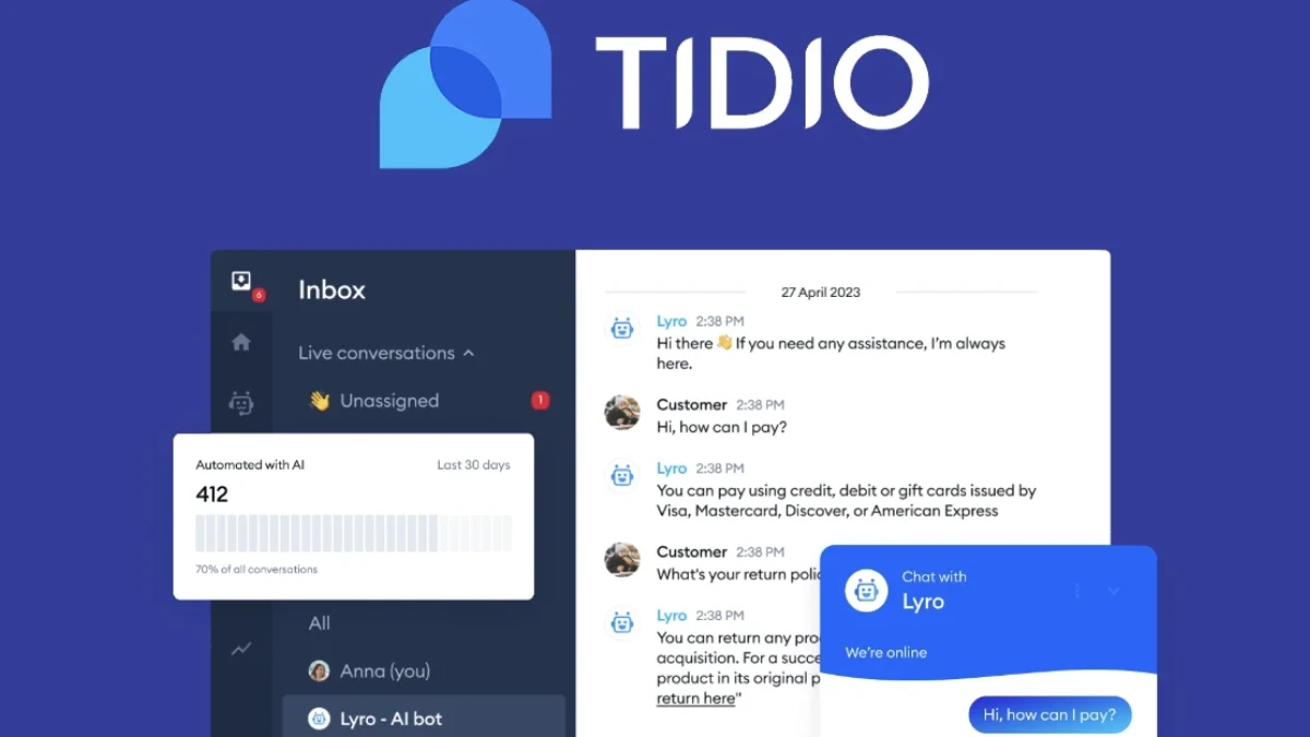 نمایی از صندوق ورودی Tidio و گفتوگو با دستیار Lyro