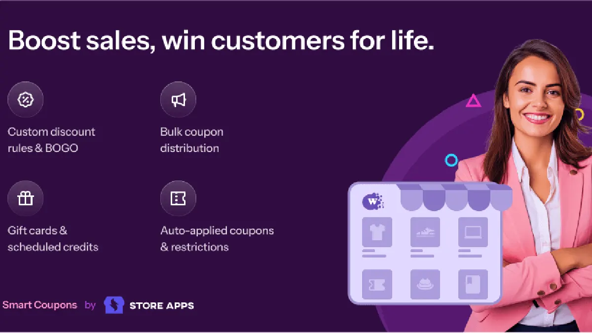 تصویر امکانات Smart Coupons از StoreApps شامل کوپن، کارت هدیه و تخفیف خودکار